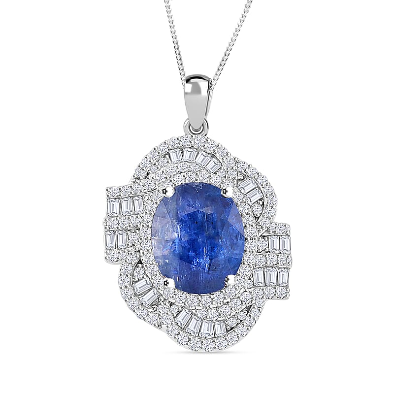D'Joy Kashmir Kyanite and Moissanite 5.00 ctw Swirl Halo Pendant Necklace in Rhodium Over Sterling Silver 20 Inches