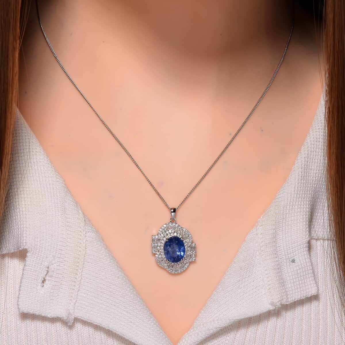 Kashmir Kyanite and Moissanite 5.00 ctw Swirl Halo Pendant Necklace in Rhodium Over Sterling Silver 20 Inches image number 1