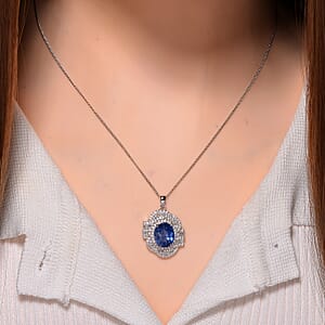 D'Joy Kashmir Kyanite and Moissanite 5.00 ctw Swirl Halo Pendant Necklace in Rhodium Over Sterling Silver 20 Inches