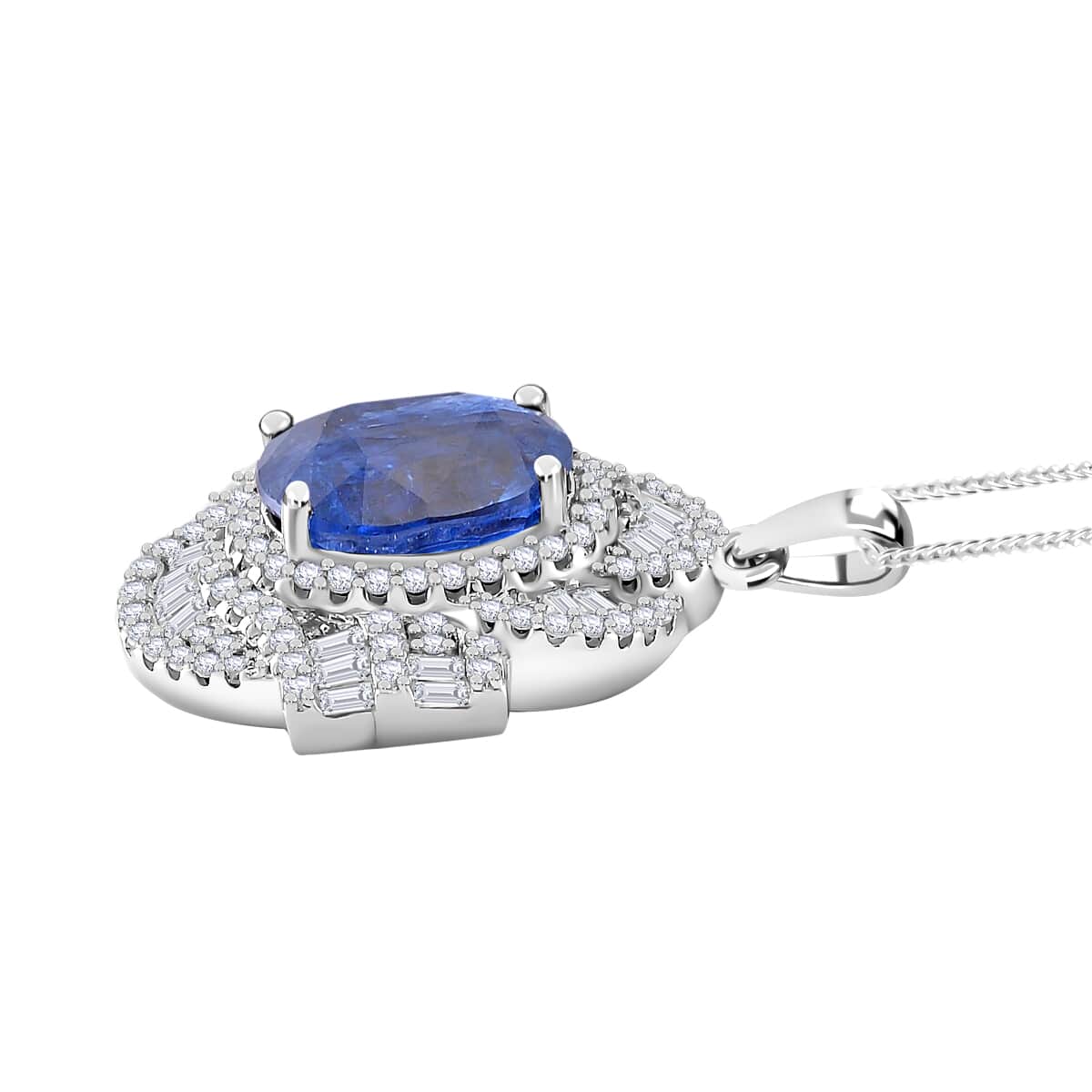 Kashmir Kyanite and Moissanite 5.00 ctw Swirl Halo Pendant Necklace in Rhodium Over Sterling Silver 20 Inches image number 2