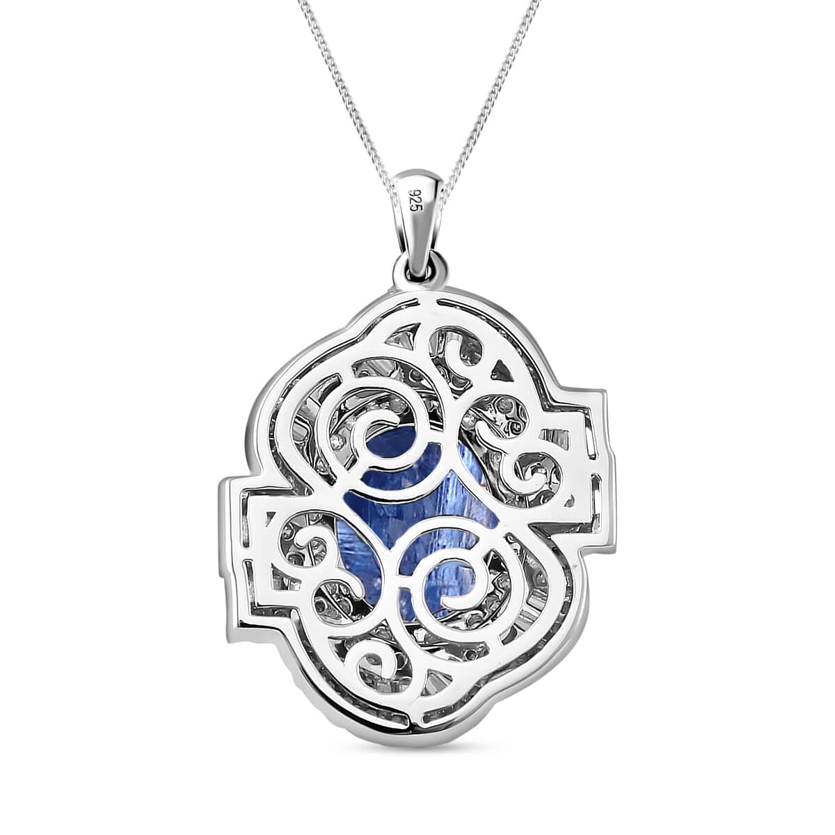 Kashmir Kyanite and Moissanite 5.00 ctw Swirl Halo Pendant Necklace in Rhodium Over Sterling Silver 20 Inches image number 3