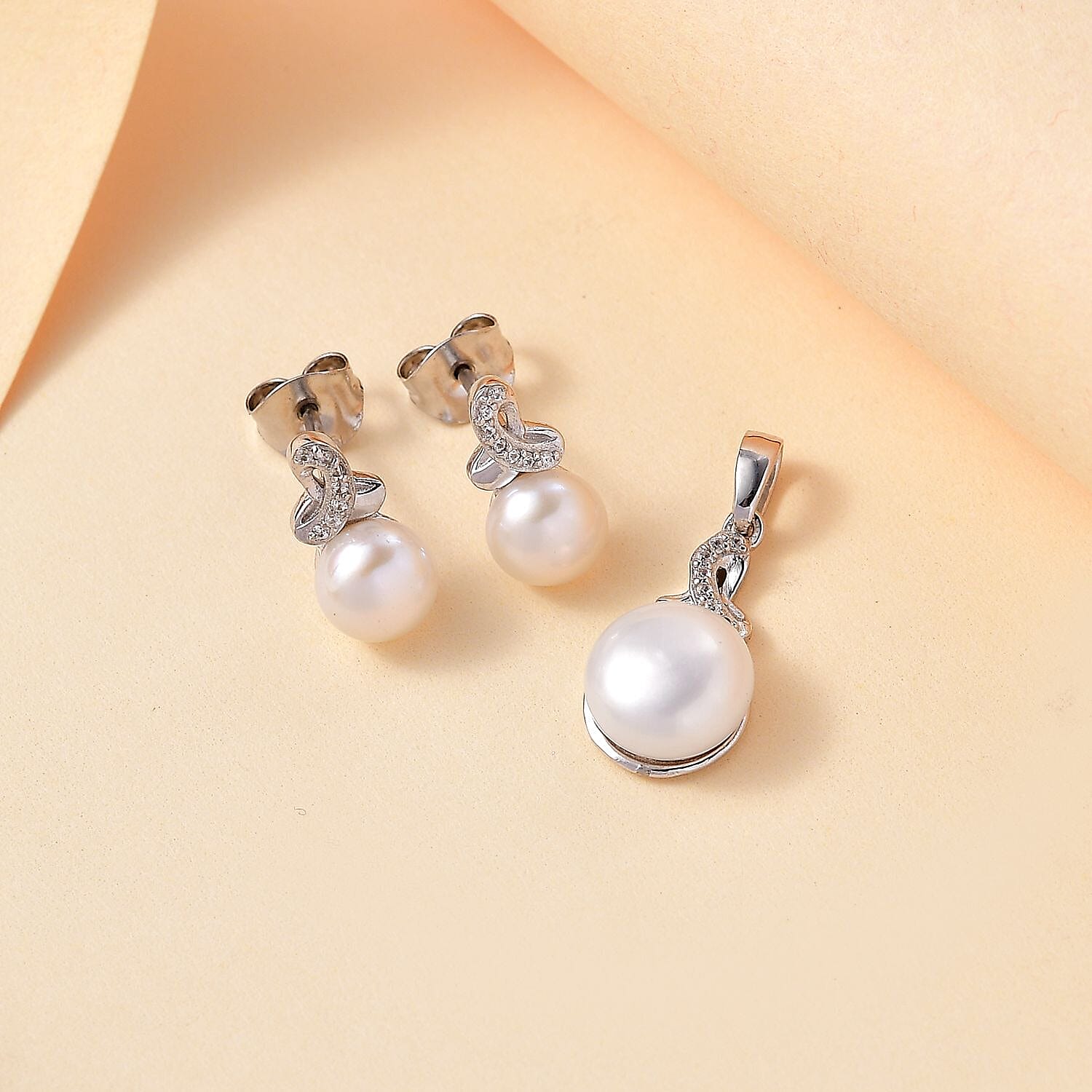 Freshwater Pearl, White Zircon 0.32 ctw Pendant without Chain and Earrings in Platinum Over Sterling Silver