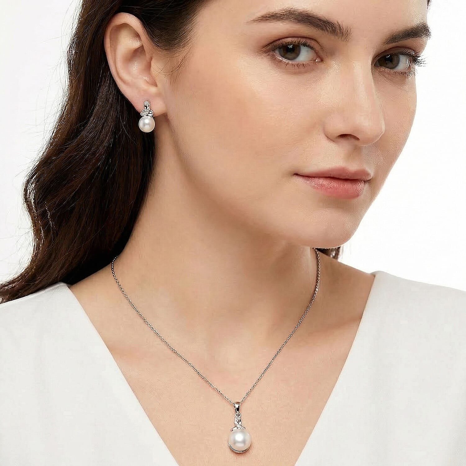 Freshwater Pearl, White Zircon 0.32 ctw Pendant without Chain and Earrings in Platinum Over Sterling Silver