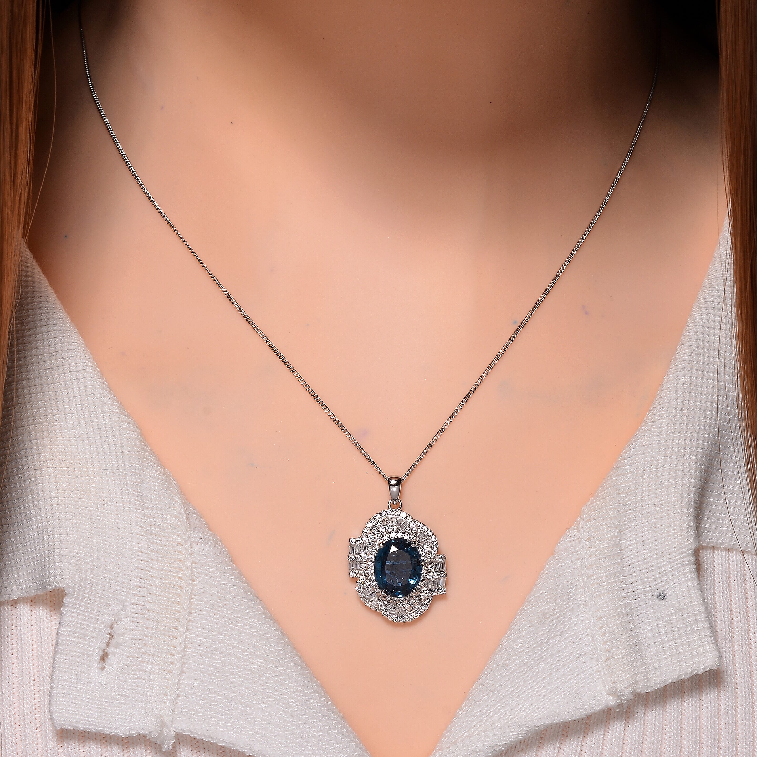 D'Joy Indigo Kyanite and Moissanite 5.25 ctw Swirl Halo Pendant Necklace in Rhodium Over Sterling Silver 20 Inches