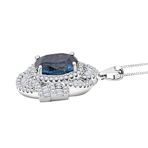 D'Joy Indigo Kyanite and Moissanite 5.25 ctw Swirl Halo Pendant Necklace in Rhodium Over Sterling Silver 20 Inches
