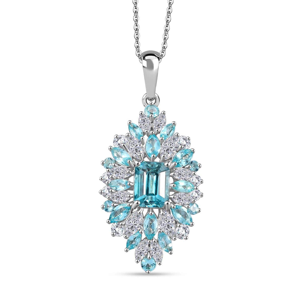 Premium Cambodian Blue Zircon and Multi Gemstone 6.90 ctw Tidal Bloom Pendant Necklace in Rhodium Over Sterling Silver 20 Inches image number 0