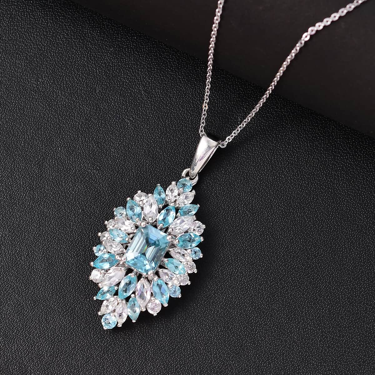 Premium Cambodian Blue Zircon and Multi Gemstone 6.90 ctw Tidal Bloom Pendant Necklace in Rhodium Over Sterling Silver 20 Inches image number 1