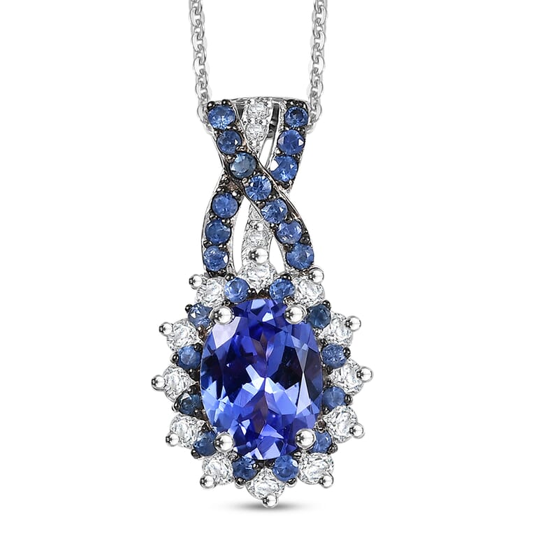 D'Joy Tanzanite and Multi Gemstone 2.00 ctw Cornflower Pendant Necklace in Rhodium Over Sterling Silver 20 Inches