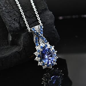 D'Joy Tanzanite and Multi Gemstone 2.00 ctw Cornflower Pendant Necklace in Rhodium Over Sterling Silver 20 Inches