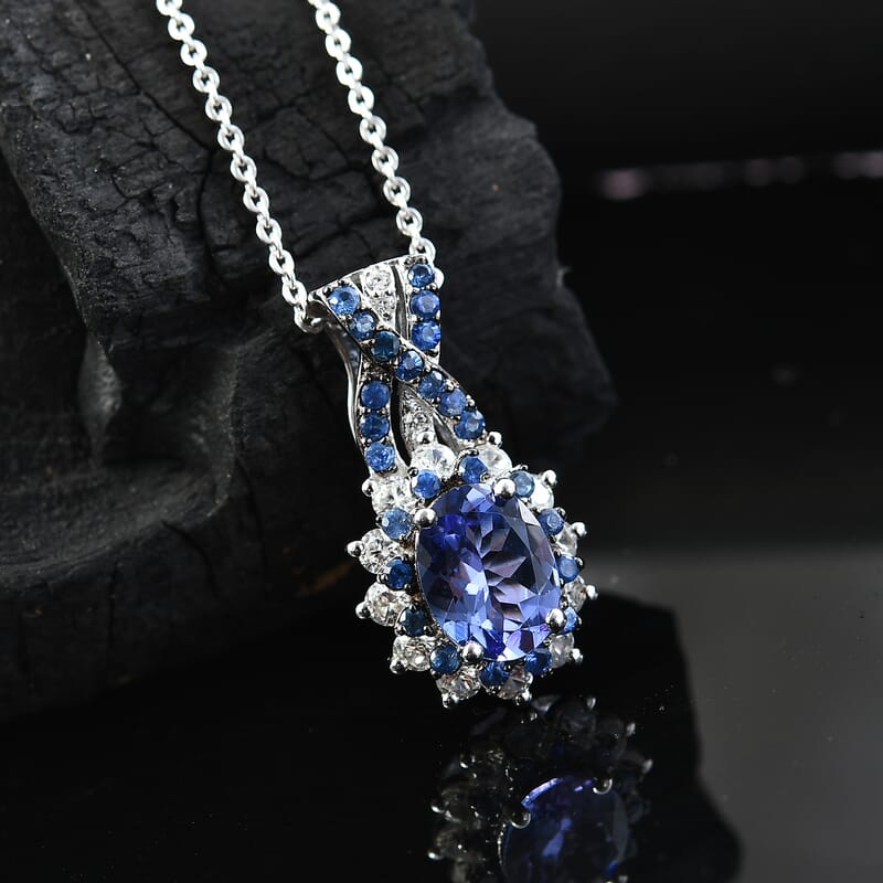D'Joy Tanzanite and Multi Gemstone 2.00 ctw Cornflower Pendant Necklace in Rhodium Over Sterling Silver 20 Inches