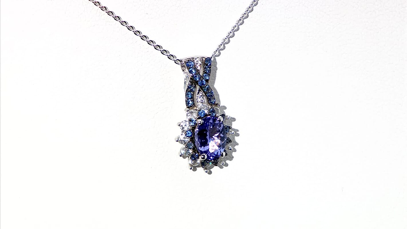 TLV Tanzanite, Multi Gemstone Cornflower Pendant Necklace (20 Inches) in Rhodium Over Sterling Silver 2.00 ctw