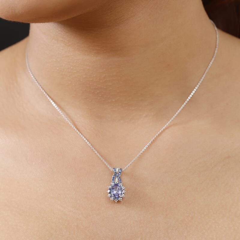 D'Joy Tanzanite and Multi Gemstone 2.00 ctw Cornflower Pendant Necklace in Rhodium Over Sterling Silver 20 Inches