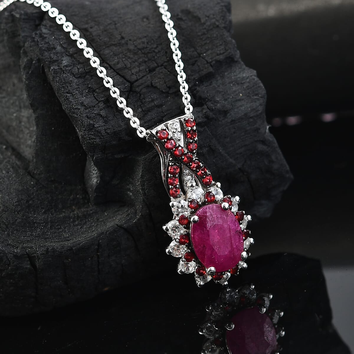 D'Joy Mozambique Ruby and Multi Gemstone 2.30 ctw Cornflower Pendant Necklace in Rhodium Over Sterling Silver 20 Inches image number 1
