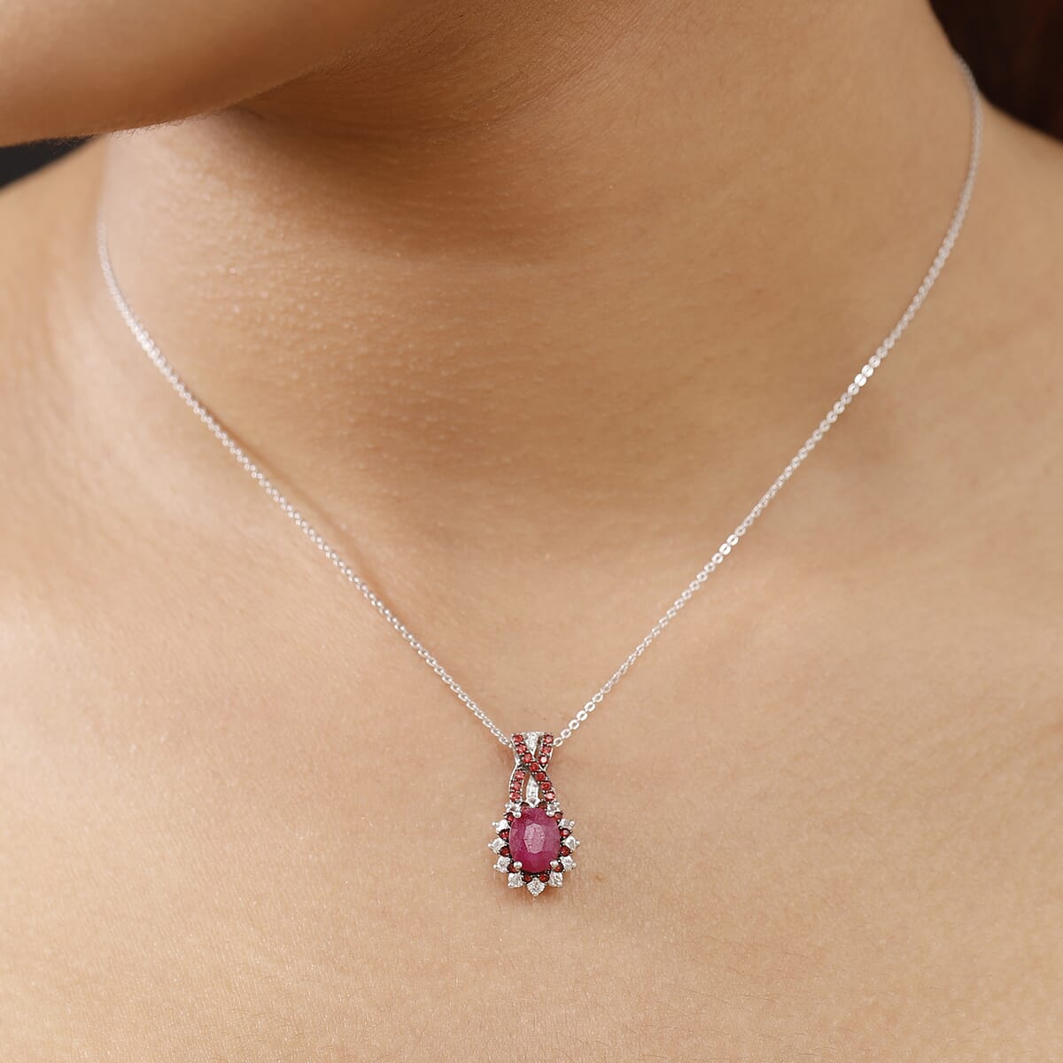 D'Joy Mozambique Ruby and Multi Gemstone 2.30 ctw Cornflower Pendant Necklace in Rhodium Over Sterling Silver 20 Inches image number 2