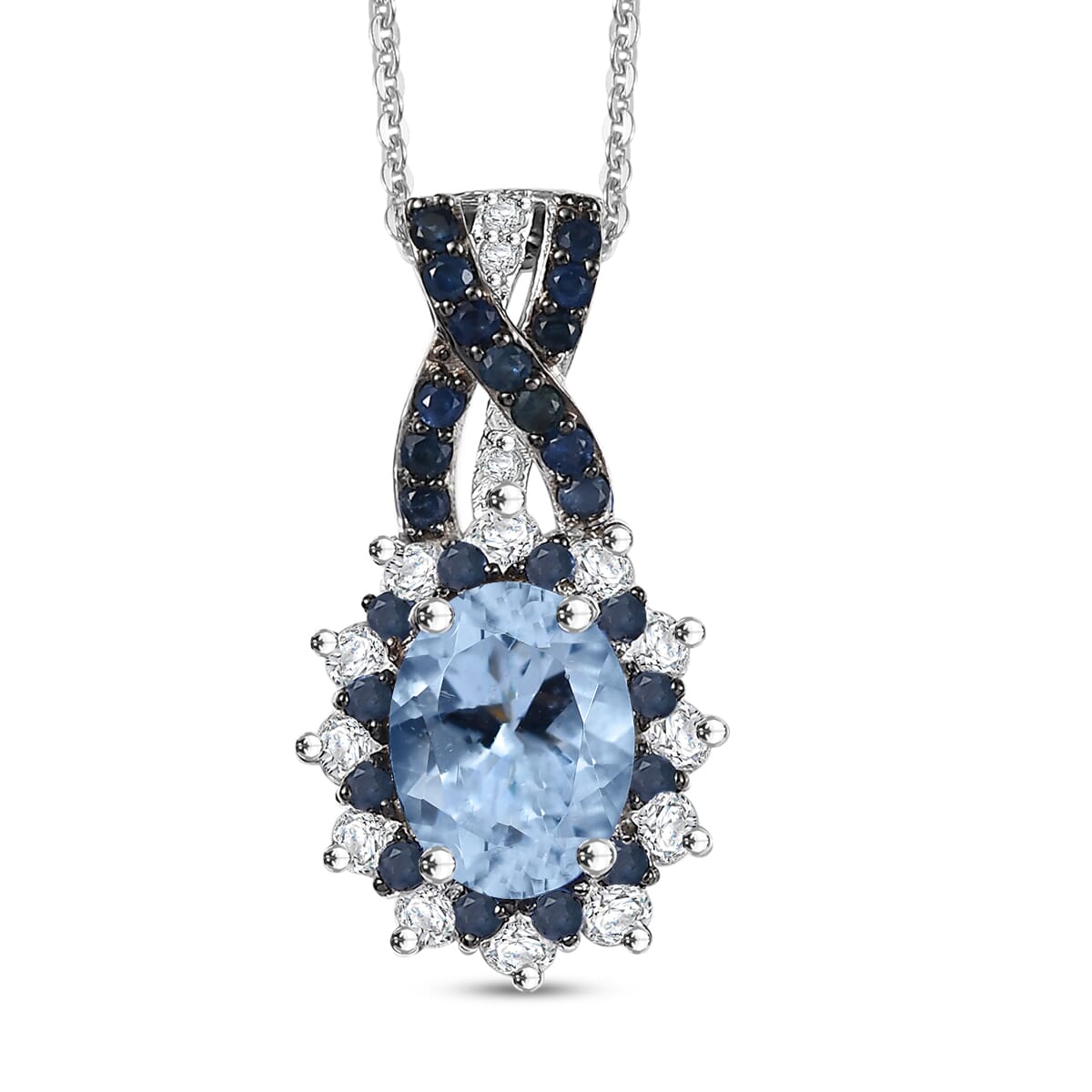 D'Joy Mangoro Aquamarine and Multi Gemstone 2.00 ctw Cornflower Pendant Necklace in Rhodium Over Sterling Silver 20 Inches image number 0
