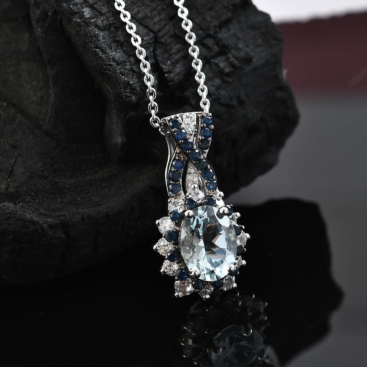 D'Joy Mangoro Aquamarine and Multi Gemstone 2.00 ctw Cornflower Pendant Necklace in Rhodium Over Sterling Silver 20 Inches image number 1