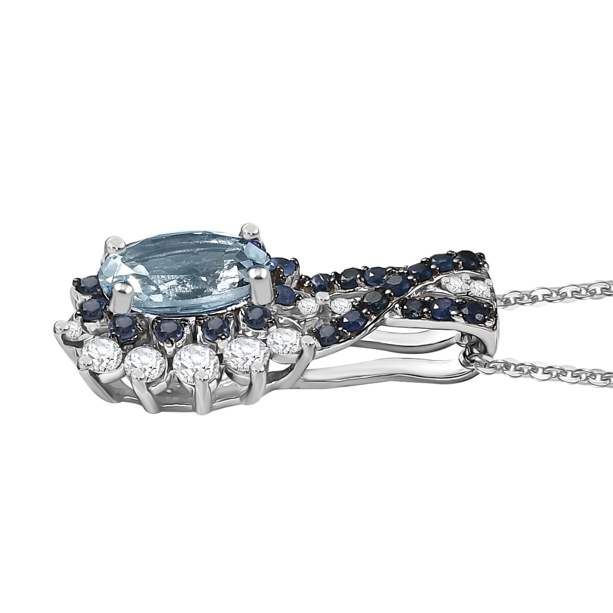 D'Joy Mangoro Aquamarine and Multi Gemstone 2.00 ctw Cornflower Pendant Necklace in Rhodium Over Sterling Silver 20 Inches image number 3