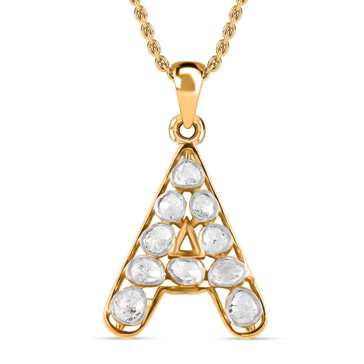 Polki Diamond 0.50 ctw Initial A Pendant Necklace 20 Inches in 18K Yellow Gold Over Sterling Silver  image number 0