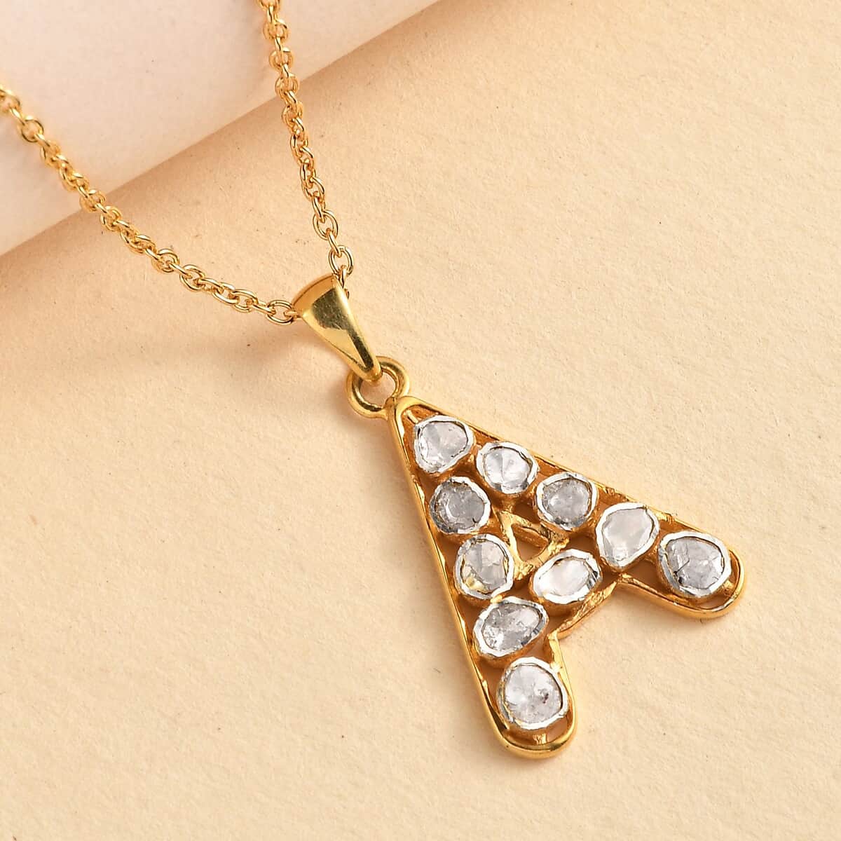 Polki Diamond 0.50 ctw Initial A Pendant Necklace 20 Inches in 18K Yellow Gold Over Sterling Silver  image number 1