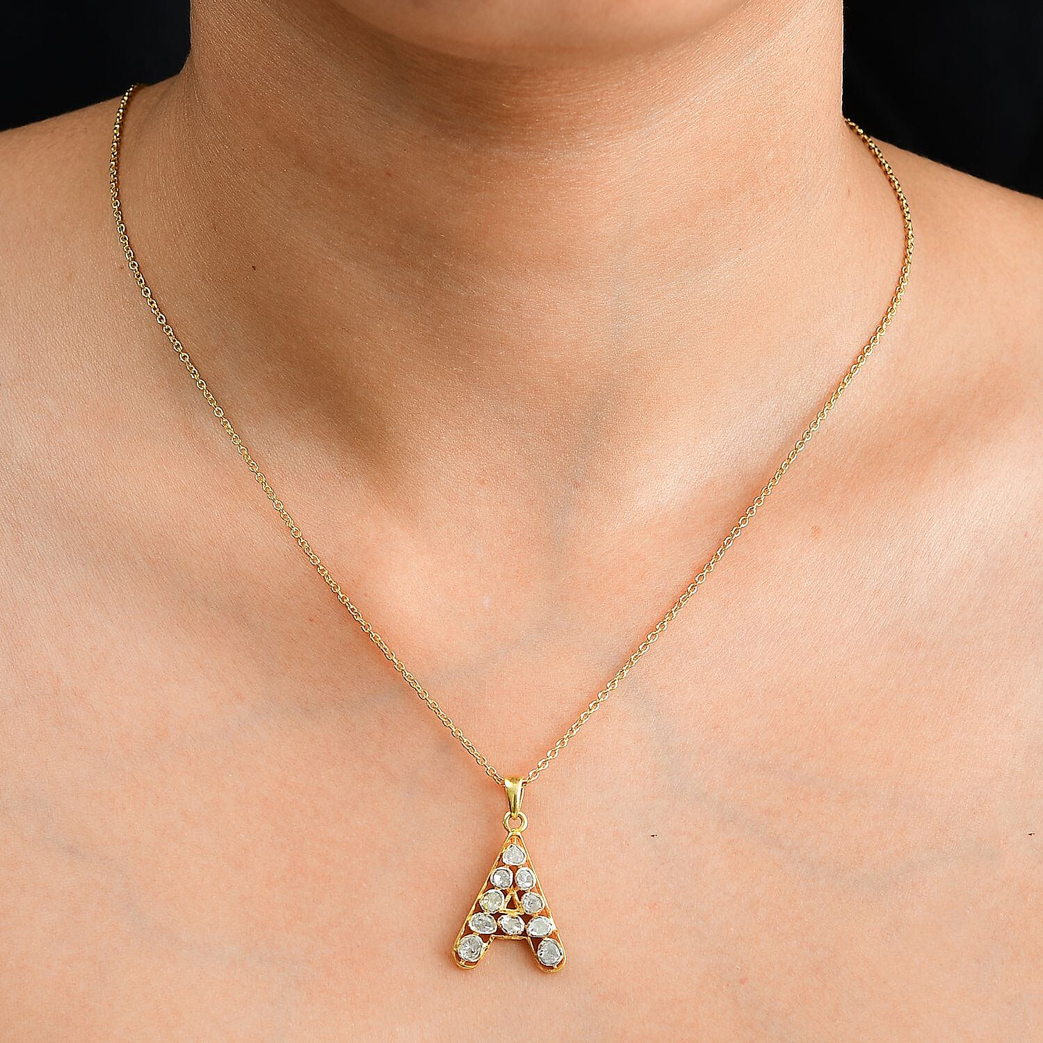 Polki Diamond 0.50 ctw Initial A Pendant Necklace 20 Inches in 18K Yellow Gold Over Sterling Silver