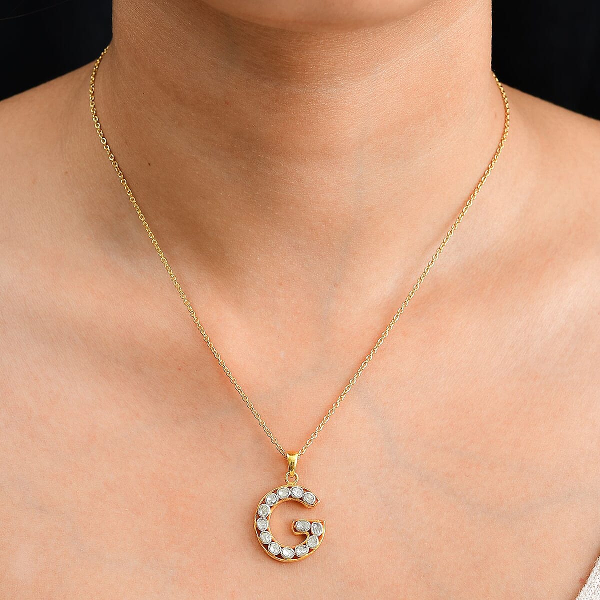 Polki Diamond 0.50 ctw Initial G Pendant Necklace 20 Inches in 18K Yellow Gold Over Sterling Silver image number 2