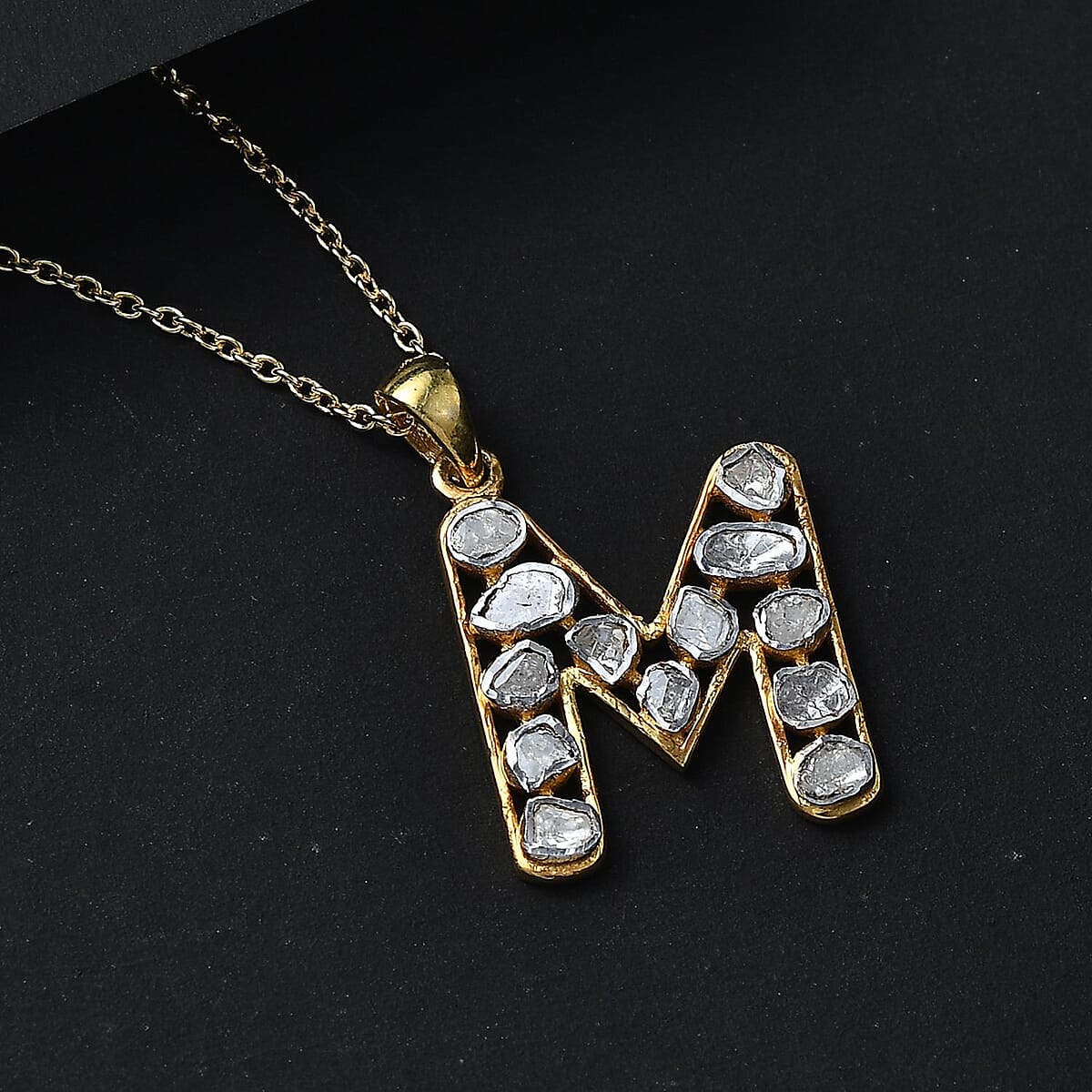 Polki Diamond 0.50 ctw Initial M Pendant Necklace in 18K Yellow Gold Over Sterling Silver 20 Inches image number 1