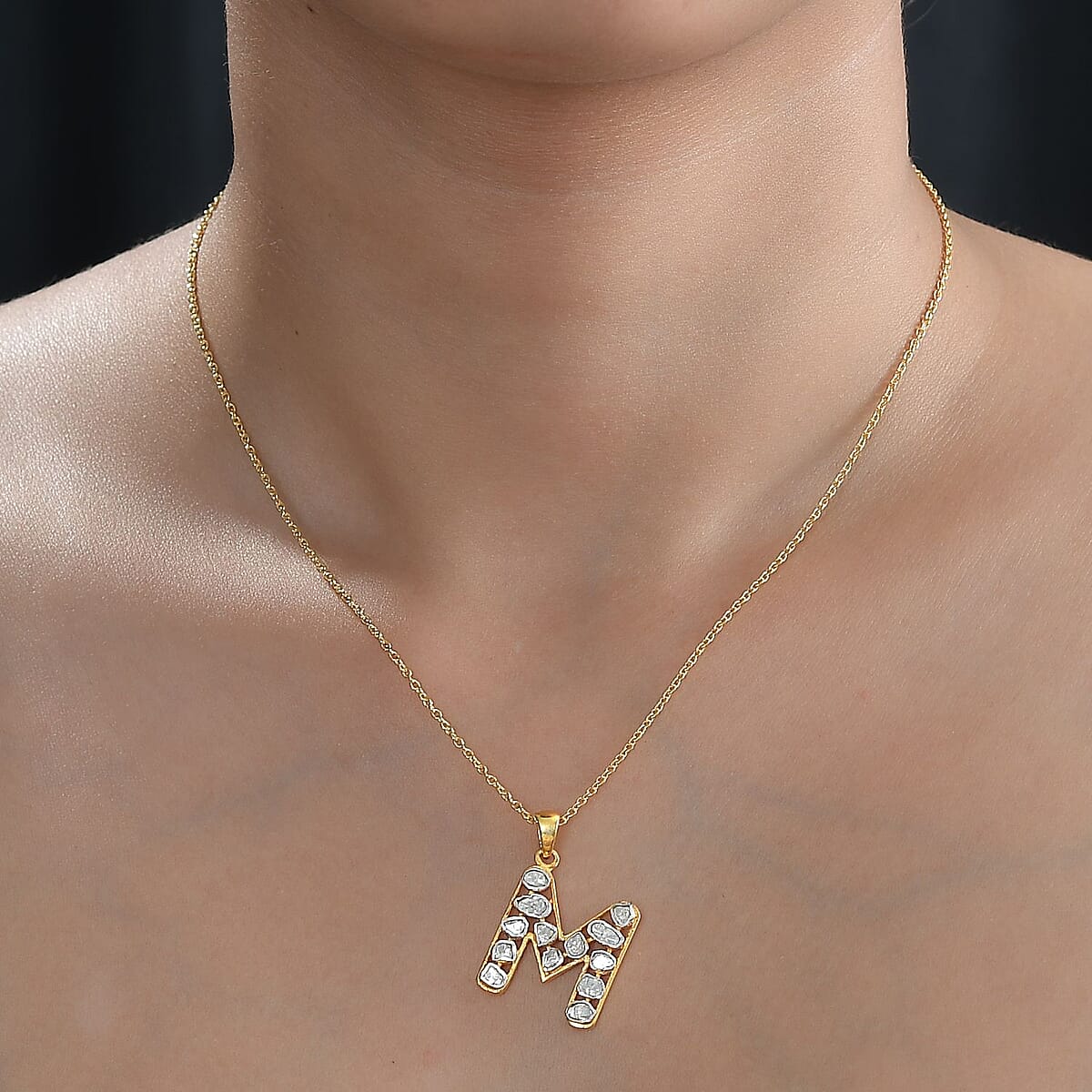 Polki Diamond 0.50 ctw Initial M Pendant Necklace in 18K Yellow Gold Over Sterling Silver 20 Inches image number 2