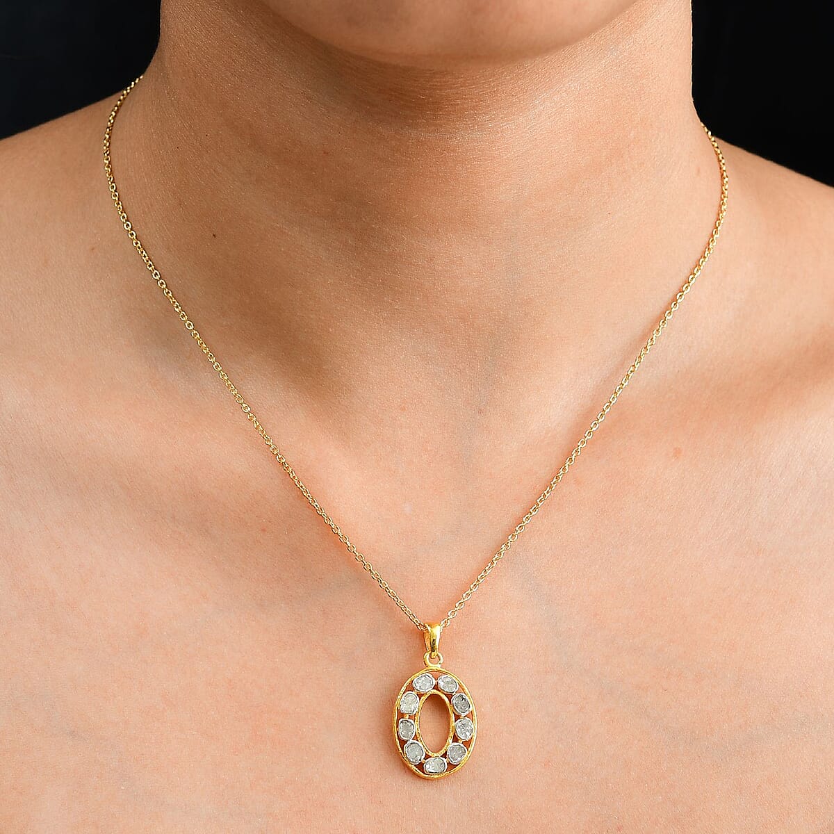 Polki Diamond 0.50 ctw Initial O Pendant Necklace 20 Inches in 18K Yellow Gold Over Sterling Silver  image number 2