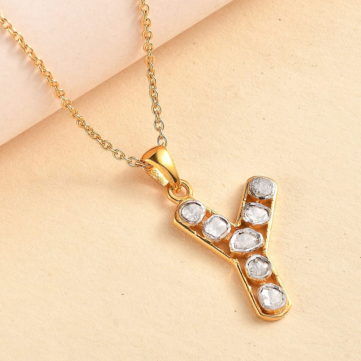 Polki Diamond 0.50 ctw Initial Y Pendant Necklace 20 Inches in 18K Yellow Gold Over Sterling Silver  image number 1