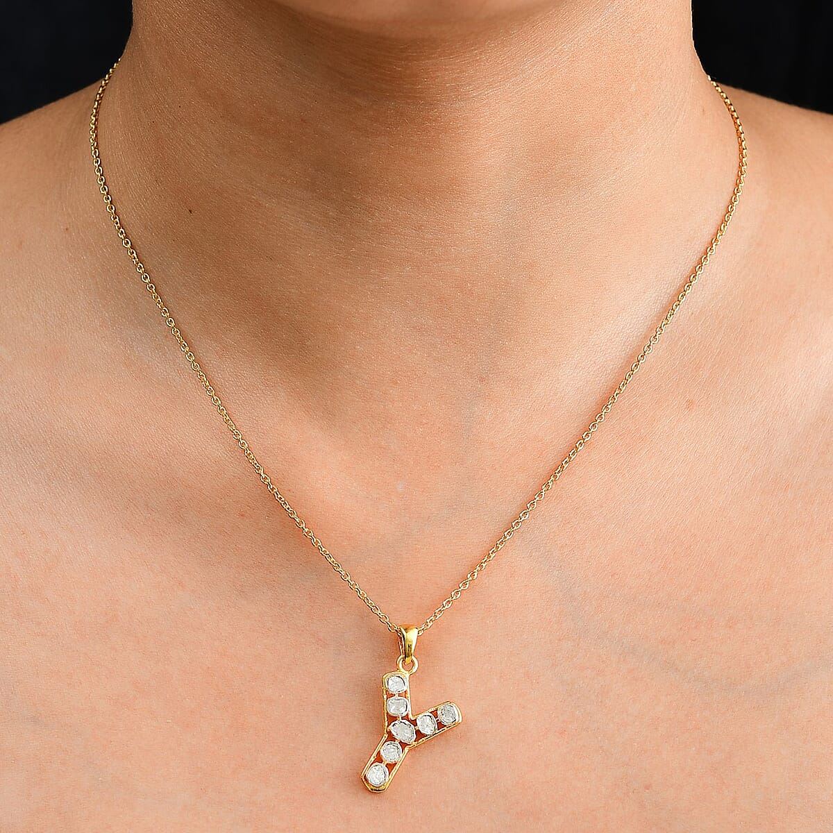 Polki Diamond 0.50 ctw Initial Y Pendant Necklace 20 Inches in 18K Yellow Gold Over Sterling Silver  image number 2