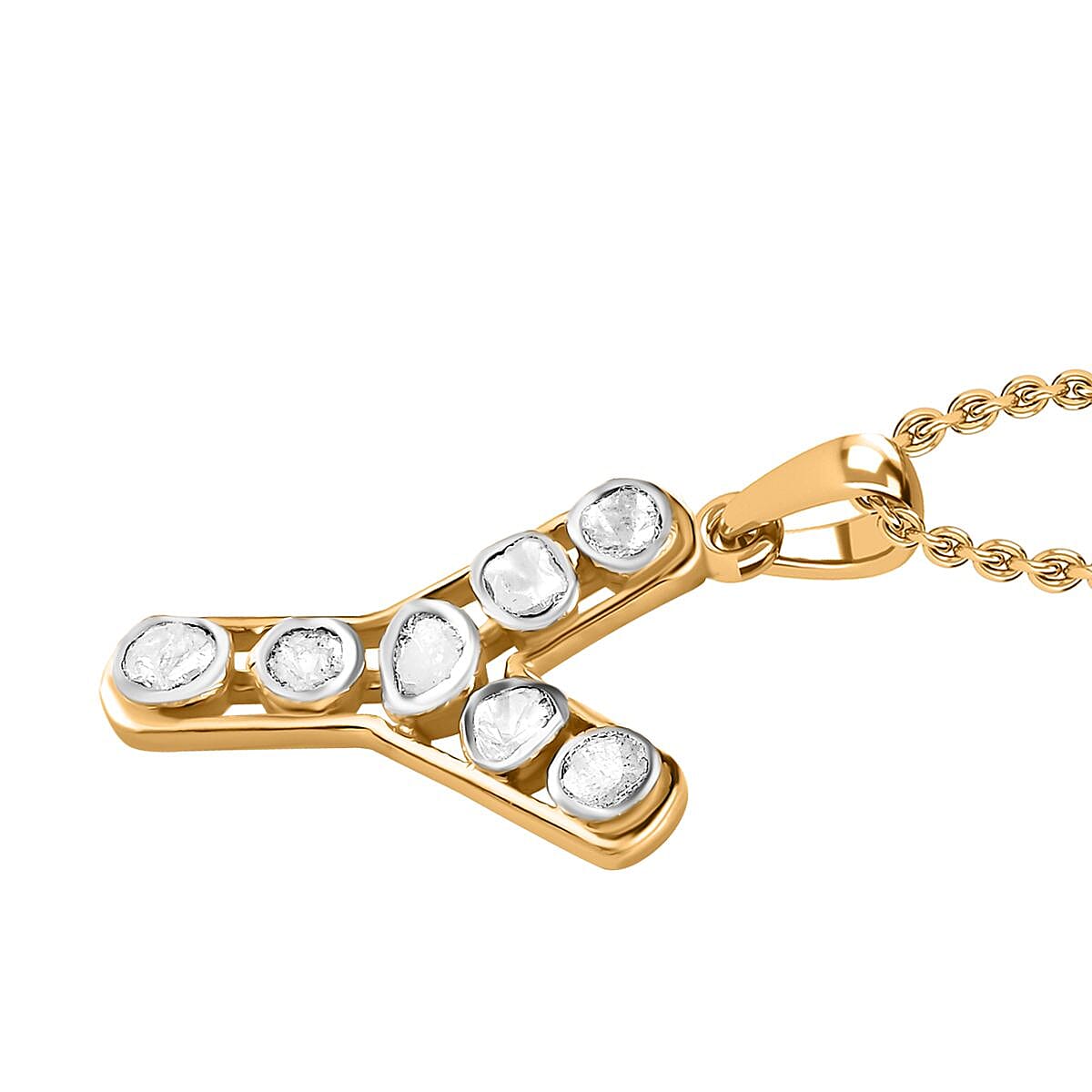 Polki Diamond 0.50 ctw Initial Y Pendant Necklace 20 Inches in 18K Yellow Gold Over Sterling Silver  image number 3