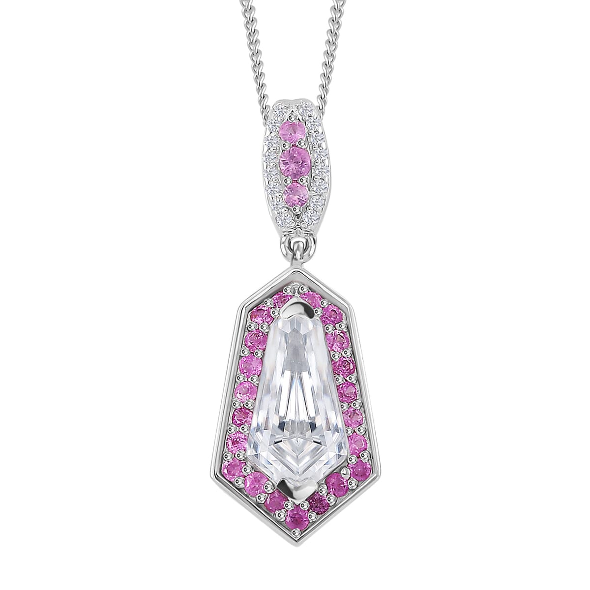 Moissanite and Pink Sapphire 2.20 ctw Celestial Shield Pendant Necklace in Rhodium Over Sterling Silver 20 Inches image number 0