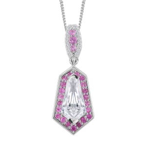 Moissanite and Pink Sapphire 2.20 ctw Celestial Shield Pendant Necklace in Rhodium Over Sterling Silver 20 Inches