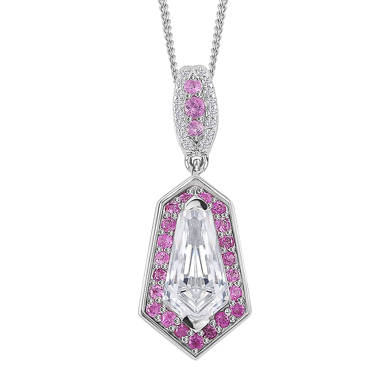 Moissanite and Pink Sapphire 2.20 ctw Celestial Shield Pendant Necklace in Rhodium Over Sterling Silver 20 Inches
