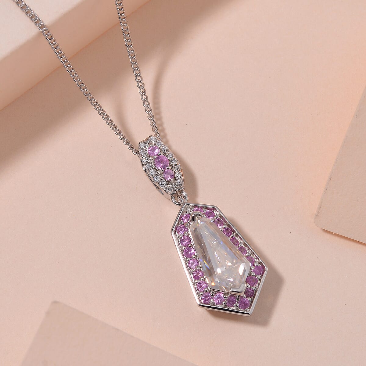 Moissanite and Pink Sapphire 2.20 ctw Celestial Shield Pendant Necklace in Rhodium Over Sterling Silver 20 Inches image number 1