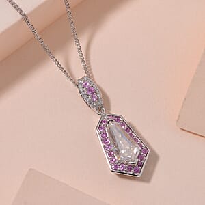 Moissanite and Pink Sapphire 2.20 ctw Celestial Shield Pendant Necklace in Rhodium Over Sterling Silver 20 Inches