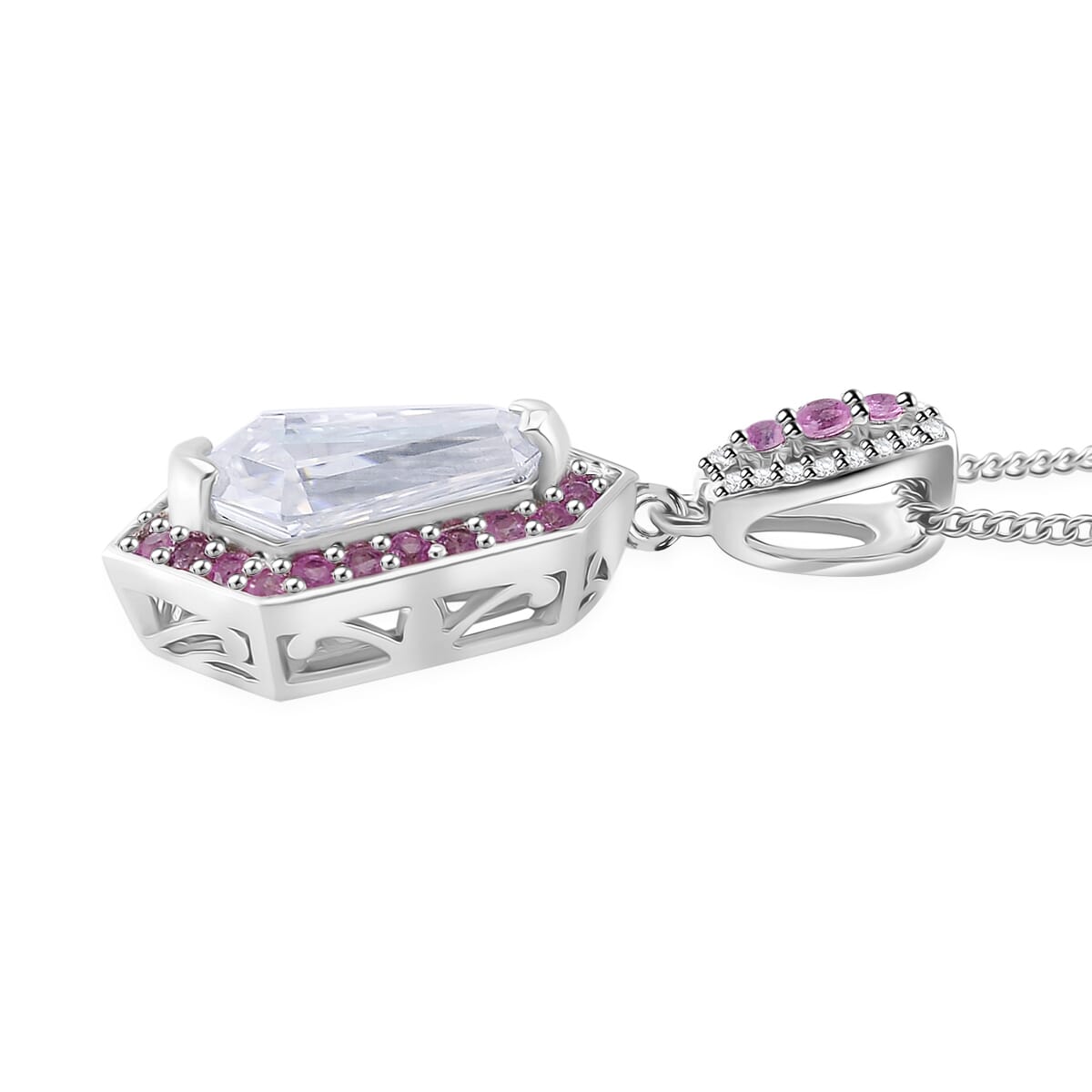 Moissanite and Pink Sapphire 2.20 ctw Celestial Shield Pendant Necklace in Rhodium Over Sterling Silver 20 Inches image number 3