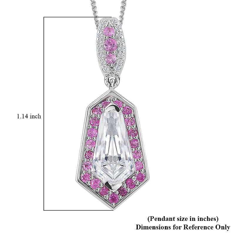 Moissanite and Pink Sapphire 2.20 ctw Celestial Shield Pendant Necklace in Rhodium Over Sterling Silver 20 Inches