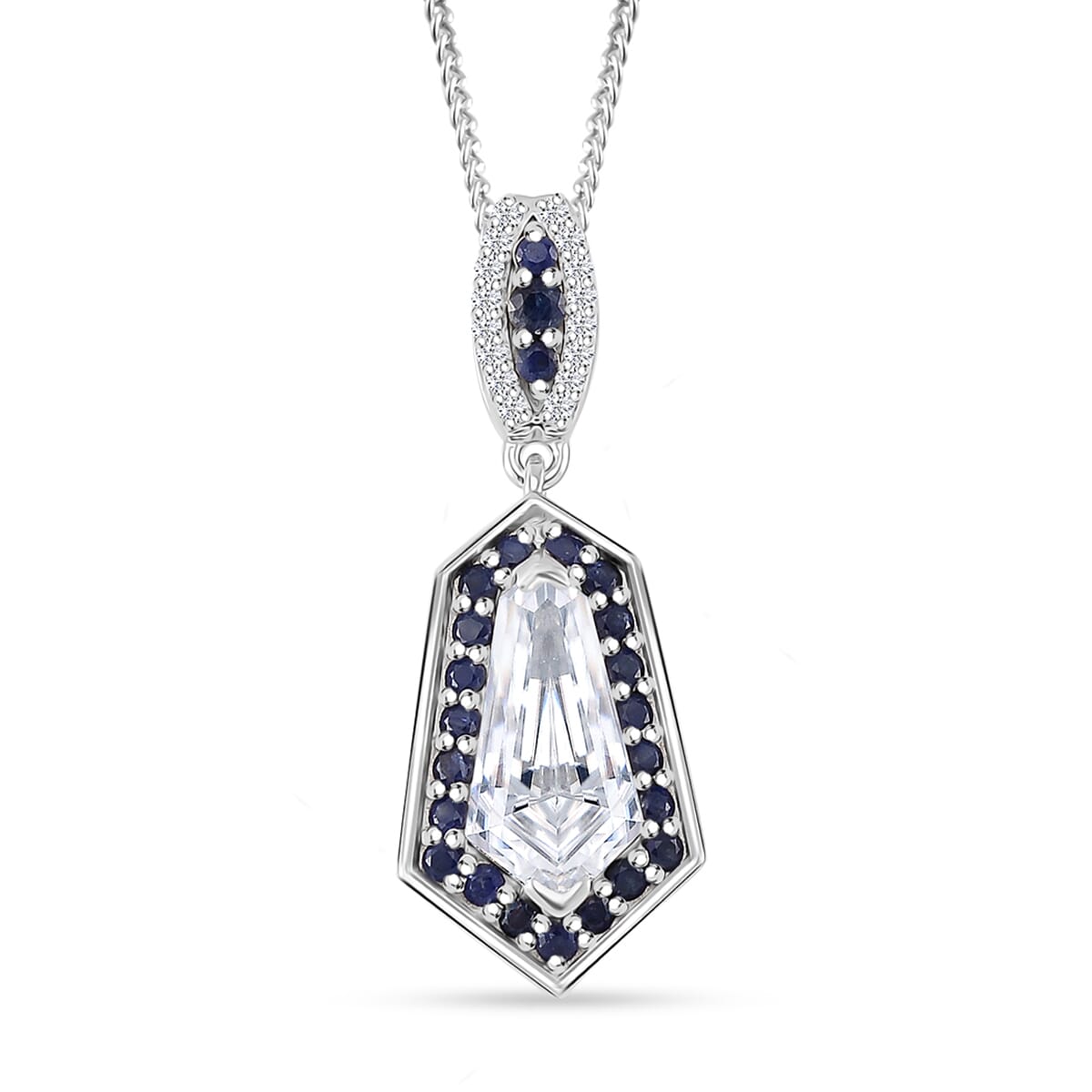 Moissanite and Blue Sapphire 2.20 ctw Celestial Shield Pendant Necklace in Rhodium Over Sterling Silver 20 Inches image number 0
