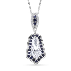 Moissanite and Blue Sapphire 2.20 ctw Celestial Shield Pendant Necklace in Rhodium Over Sterling Silver 20 Inches