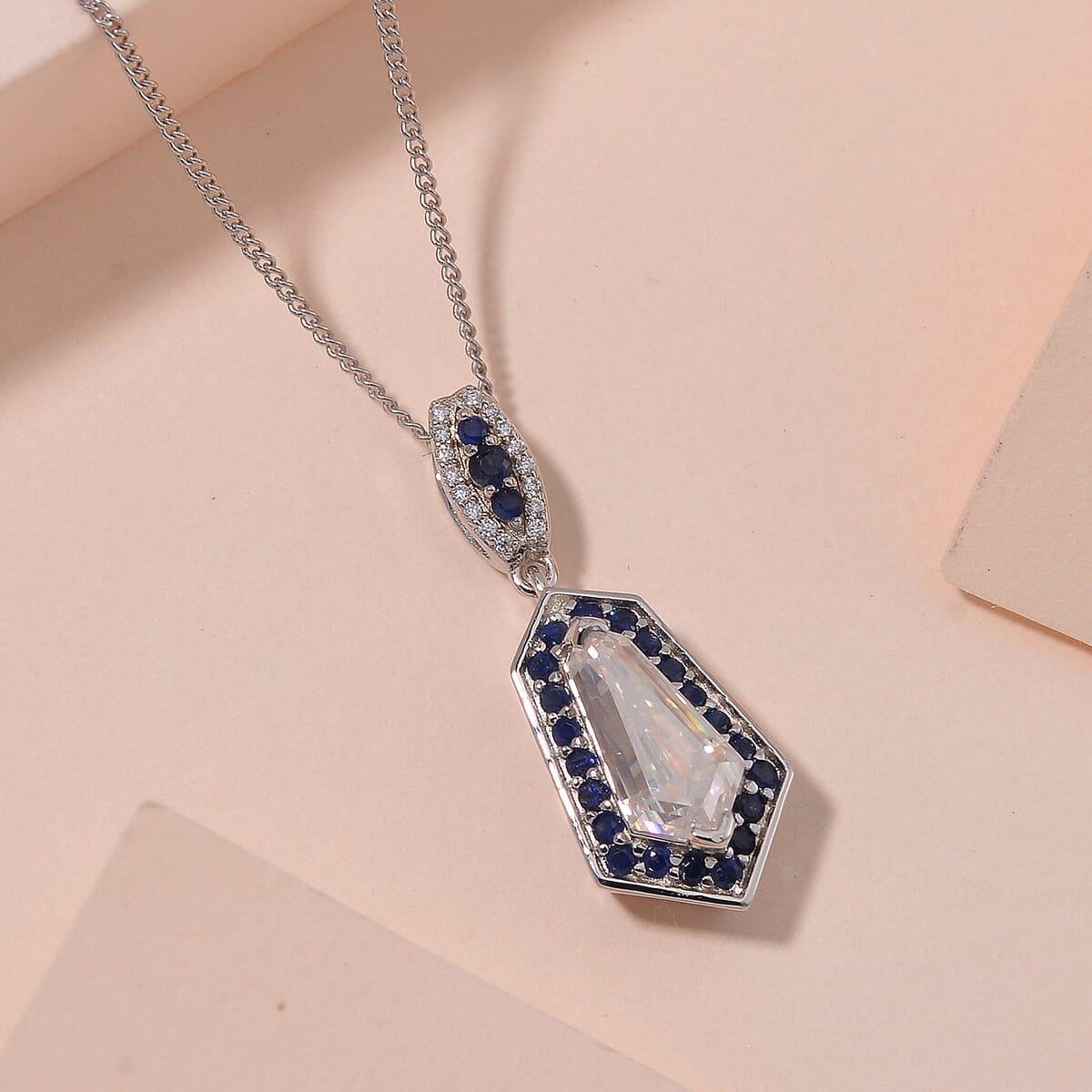 Moissanite and Blue Sapphire 2.20 ctw Celestial Shield Pendant Necklace in Rhodium Over Sterling Silver 20 Inches image number 1