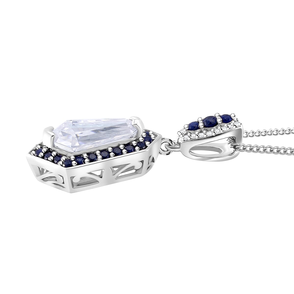 Moissanite and Blue Sapphire 2.20 ctw Celestial Shield Pendant Necklace in Rhodium Over Sterling Silver 20 Inches image number 3