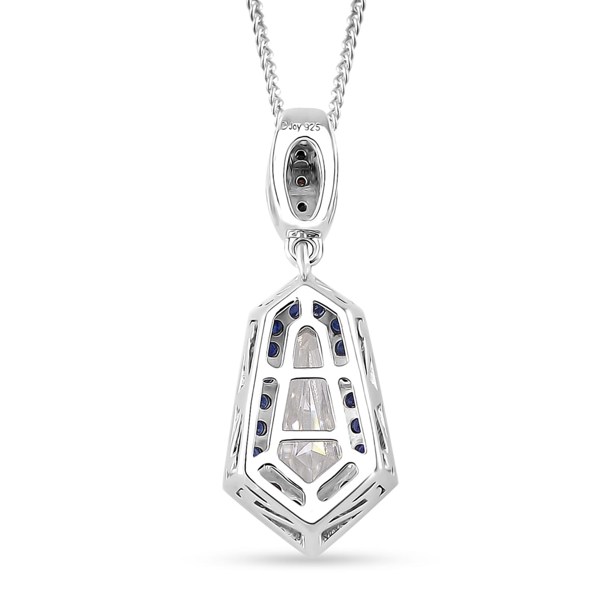 Moissanite and Blue Sapphire 2.20 ctw Celestial Shield Pendant Necklace in Rhodium Over Sterling Silver 20 Inches image number 4