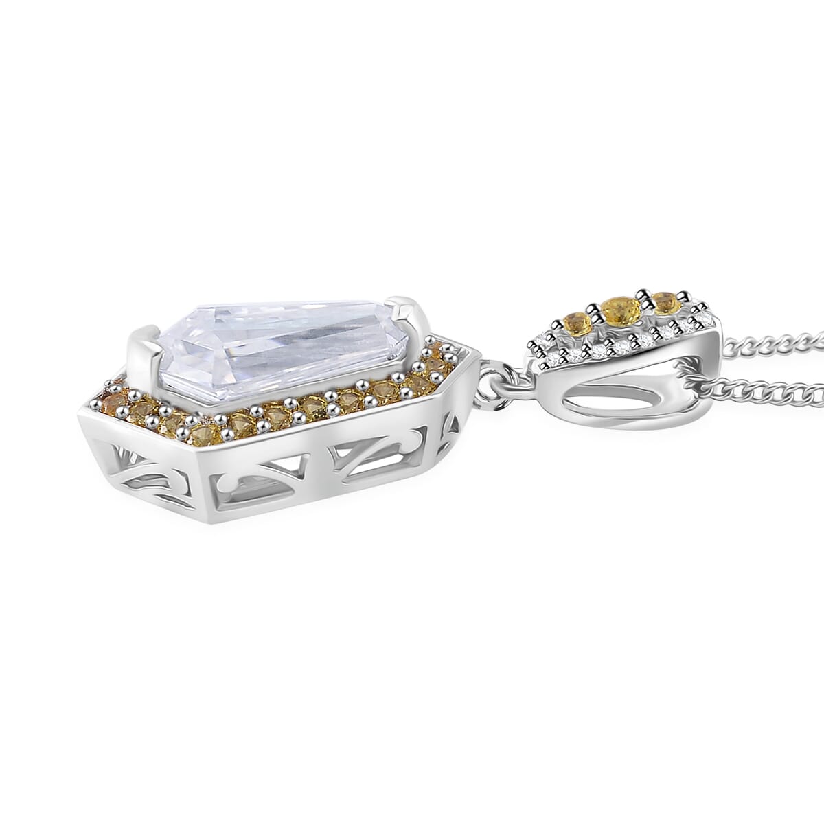 Moissanite and Yellow Sapphire 2.60 ctw Celestial Shield Pendant Necklace in Rhodium Over Sterling Silver 20 Inches image number 3