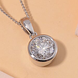 Moissanite 1.20 ctw Solitaire Pendant Necklace in Rhodium Over Sterling Silver 20 Inches