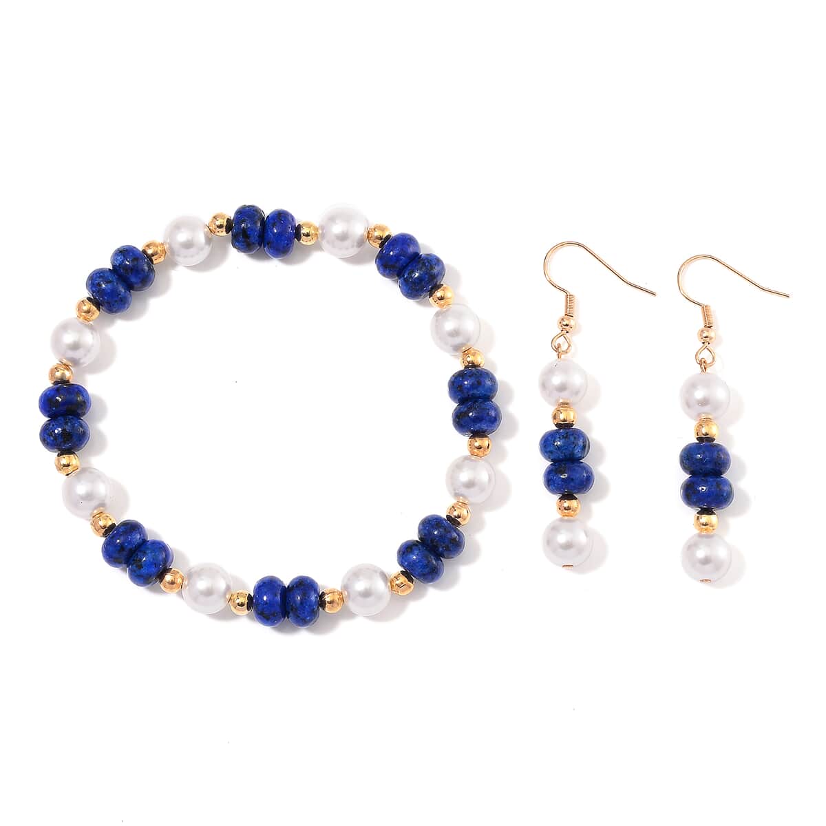 Lapis Lazuli 50.00 ctw and White Shell Pearl Bracelet (6.50-7.0In) and Earrings in Goldtone image number 0