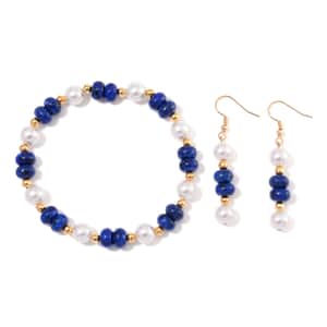 Lapis Lazuli 50.00 ctw and White Shell Pearl Bracelet (6.50-7.0In) and Earrings in Goldtone