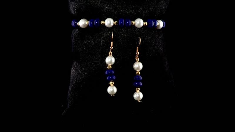 One Time Only Lapis Lazuli, White Shell Pearl Bracelet (6.50-7.0In) and Earrings in Goldtone 50.00 ctw
