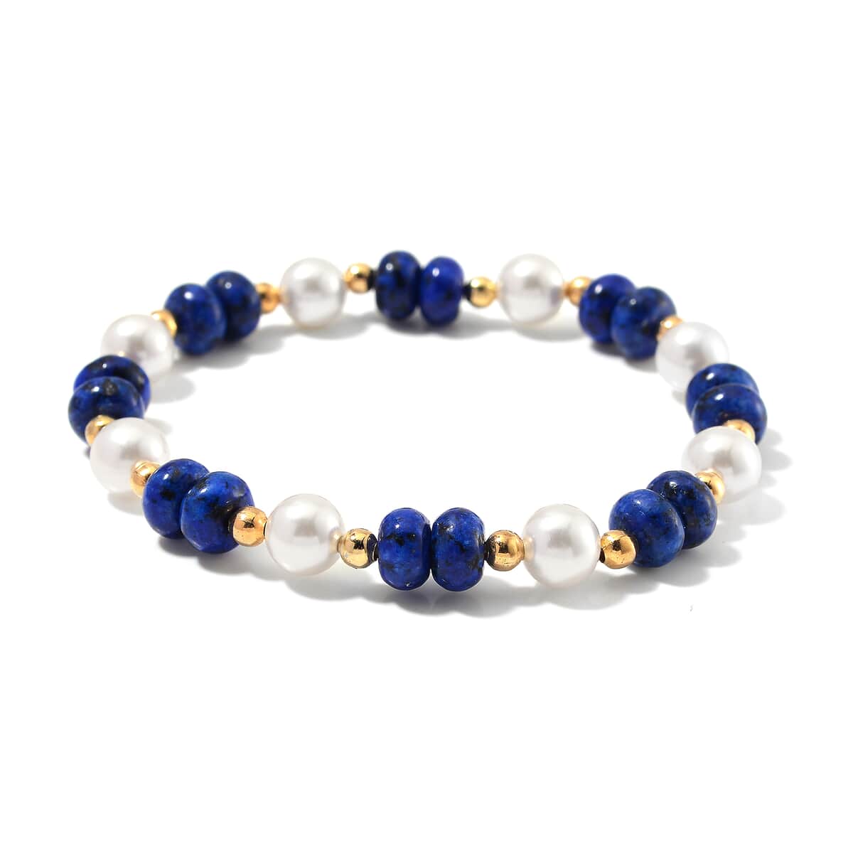 Lapis Lazuli 50.00 ctw and White Shell Pearl Bracelet (6.50-7.0In) and Earrings in Goldtone image number 2