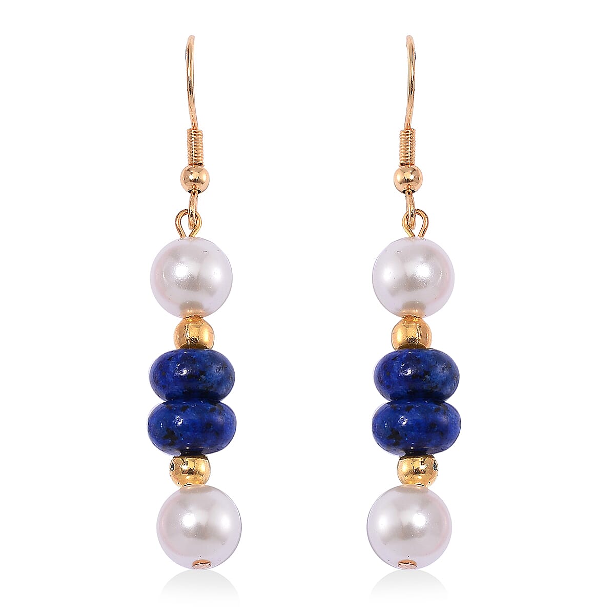 Lapis Lazuli 50.00 ctw and White Shell Pearl Bracelet (6.50-7.0In) and Earrings in Goldtone